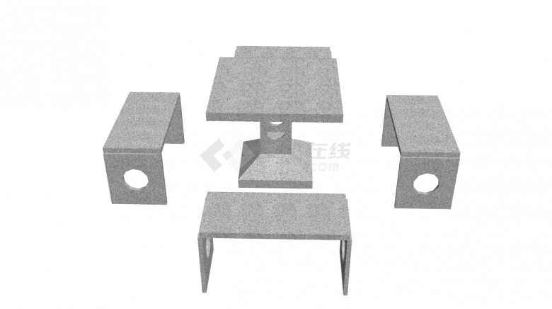 现代中式灰色带孔的石桌石凳su模型-图二