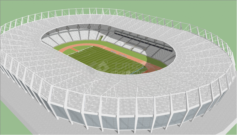 带有灰白色的外形和看台座椅橘红色跑道的足球场su模型-图二