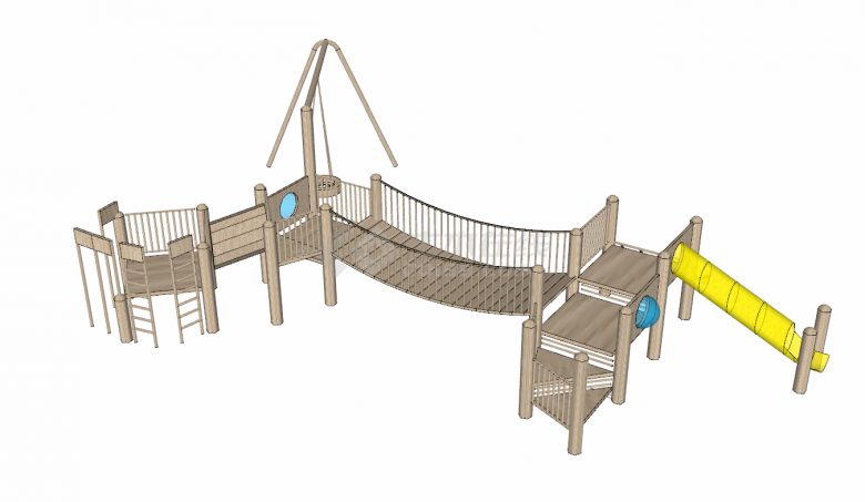 实木带有秋千吊桥滑滑梯的儿童活动场地su模型-图二