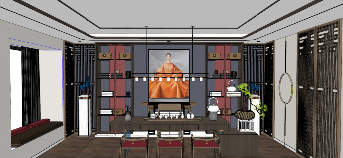 现代日式宽敞的书房茶室su模型_图1