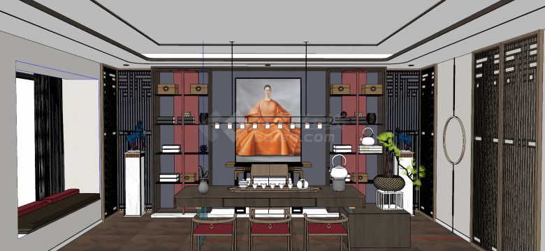 现代日式宽敞的书房茶室su模型-图一