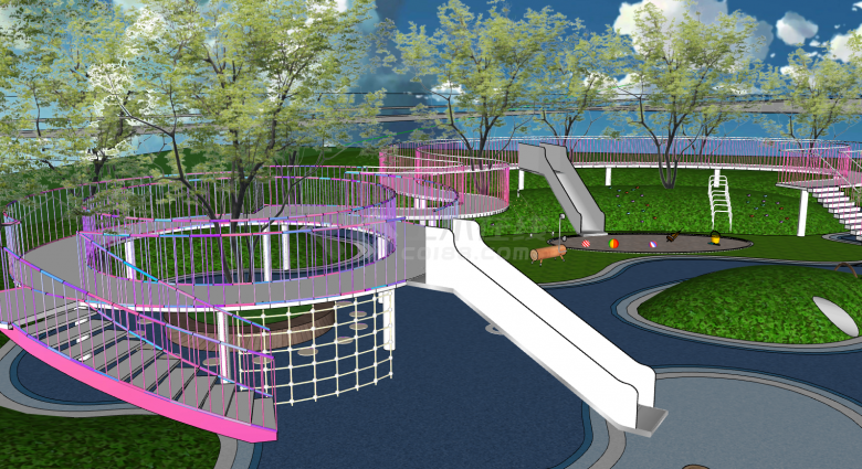 儿童游乐区空中栈道滑梯游乐设施su模型-图一