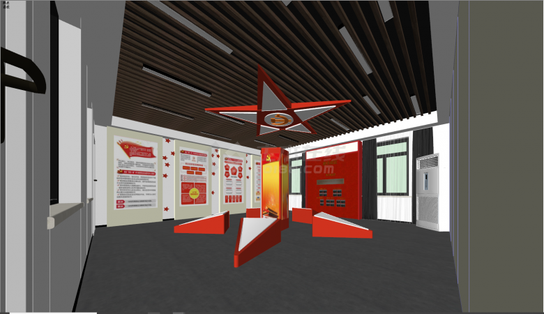 现代长方形党建红色展厅su模型-图二