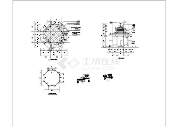 某地一层景观混凝土柱木质顶八角亭建筑设计施工图-图二