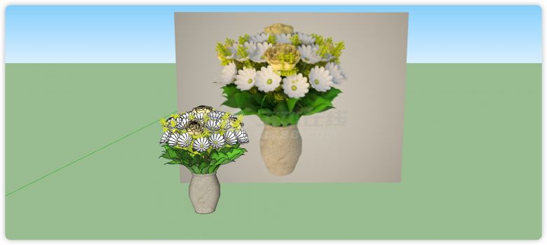米色圆肚花瓶白色小雏菊室内植物su模型-图一
