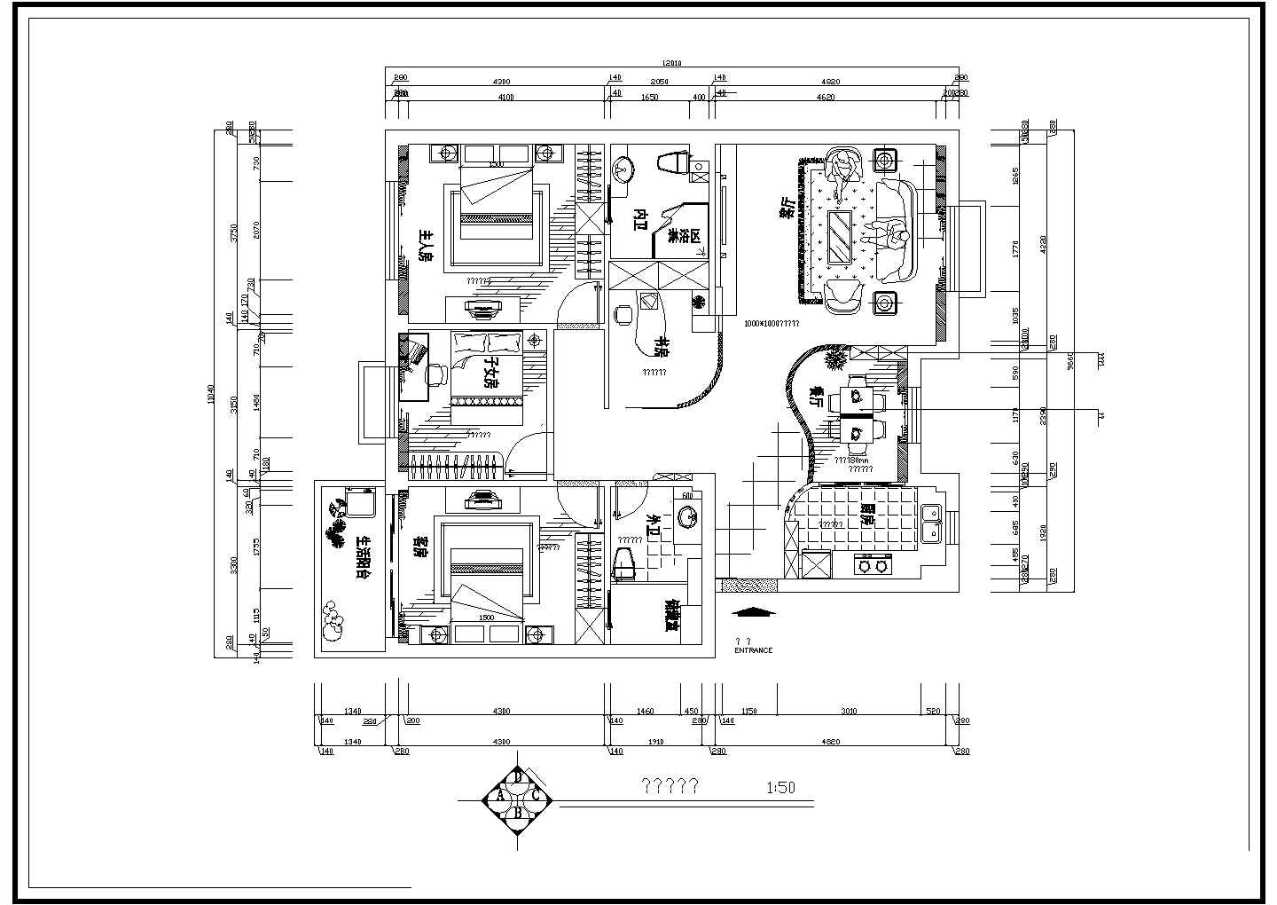 南某三居室室内装修设计cad平面布置图