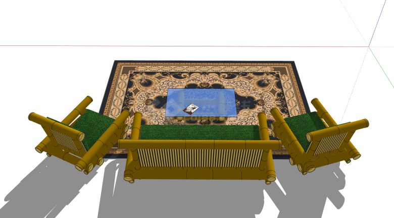 绿色海绵沙发垫竹制单人座和双人座沙发su模型-图二
