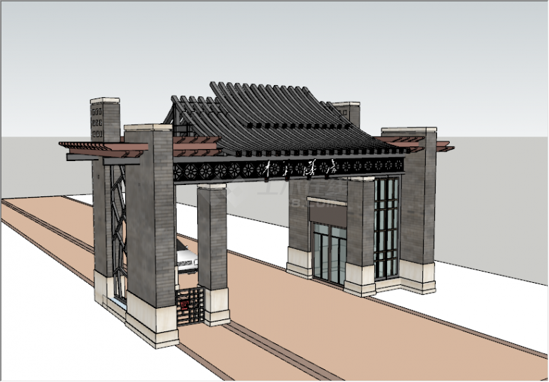 新中式传统大气石雕砖瓦大门su模型-图二