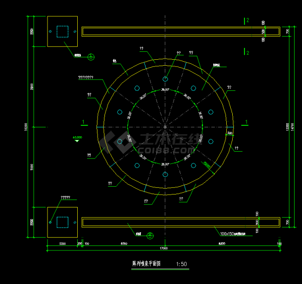 某广场阵列喷泉锥形花池建筑设计cad详细施工图-图二