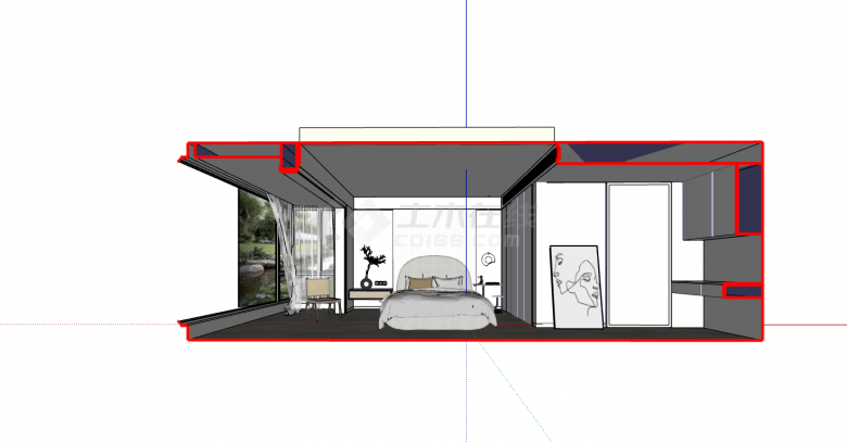 现代长方形落地窗卧室su模型-图一