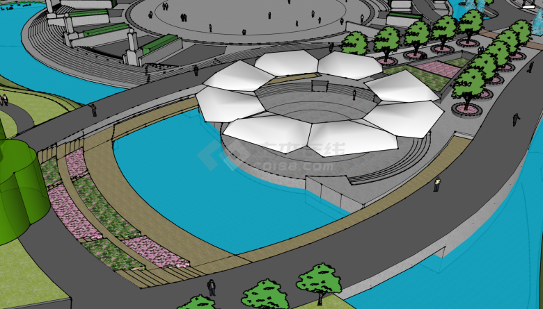 圆形广场水池喷泉树海花池园林广场公园su模型-图一