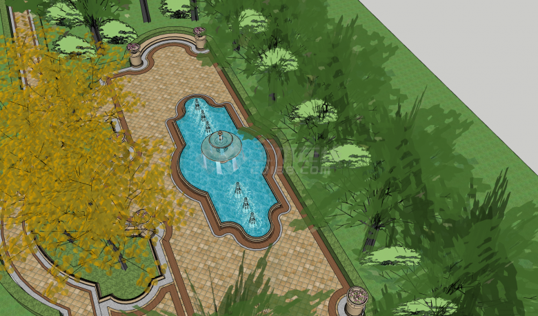 喷泉花盆巴洛克风格小公园su模型-图二