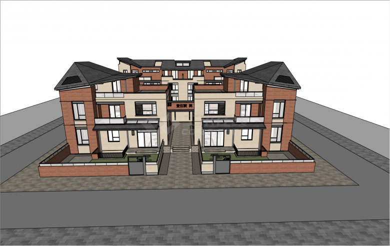 简约红砖现代风格四合院su模型-图一
