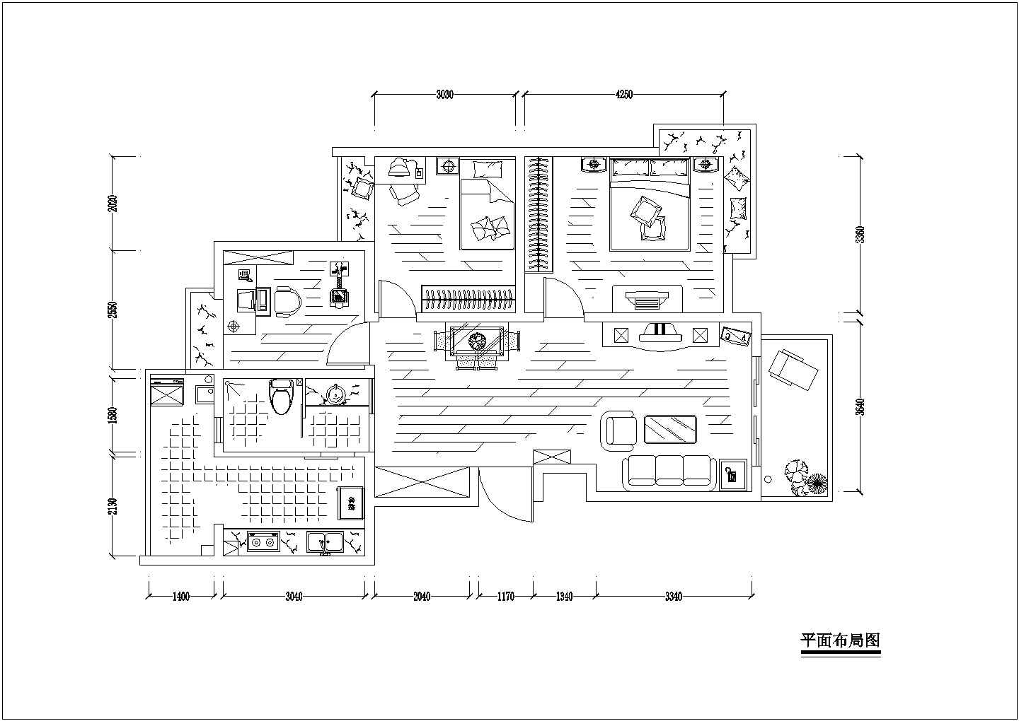 三室家装cad施工设计方案图（及效果图）