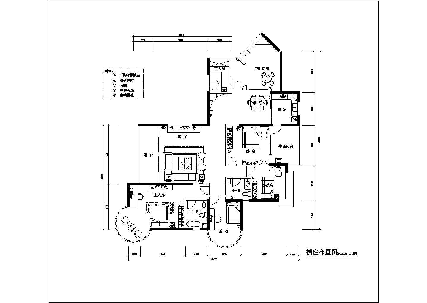 某地区四室两厅住宅装饰设计CAD平面布置参考图