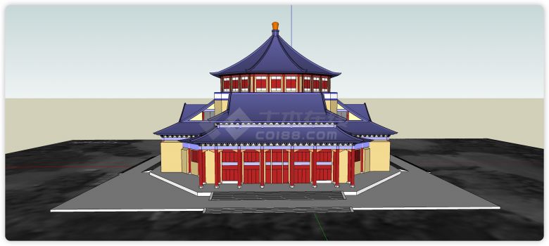 蓝紫色屋顶红色柱子门窗黄色主体古建筑su模型-图二