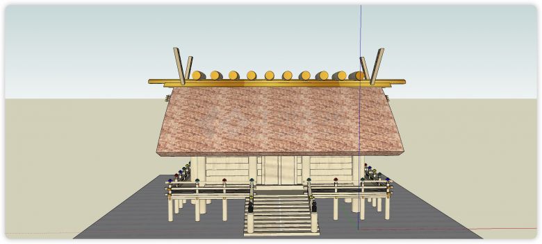 日式架高半层木结构古建筑su模型-图二