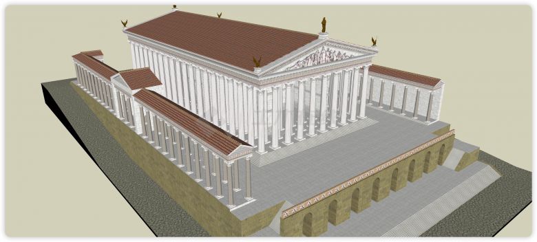 拱门造型橙色双坡顶古罗马建筑su模型-图一