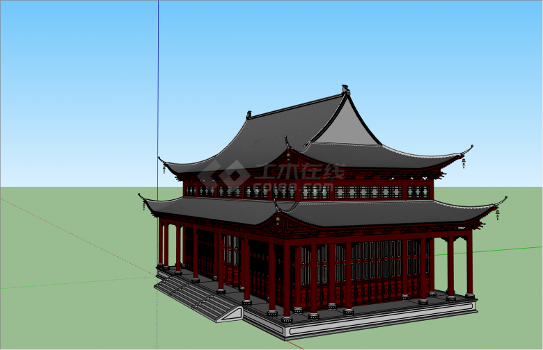 双层红木日式大雄宝殿su模型-图二