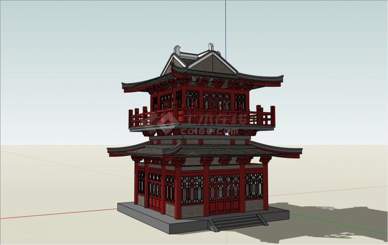 双层砖砌中式唐代阁楼su模型-图二
