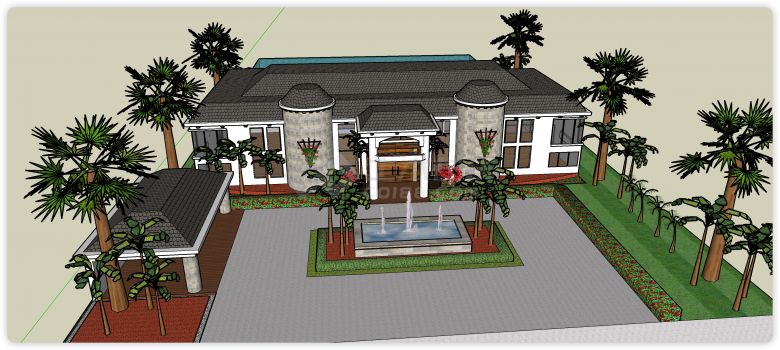 两层白色主体前院喷水池别墅豪宅su模型-图二