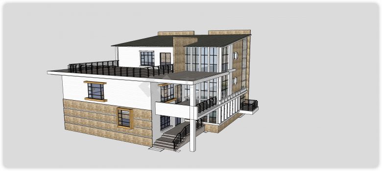 三层单坡屋顶设计别墅su模型-图二
