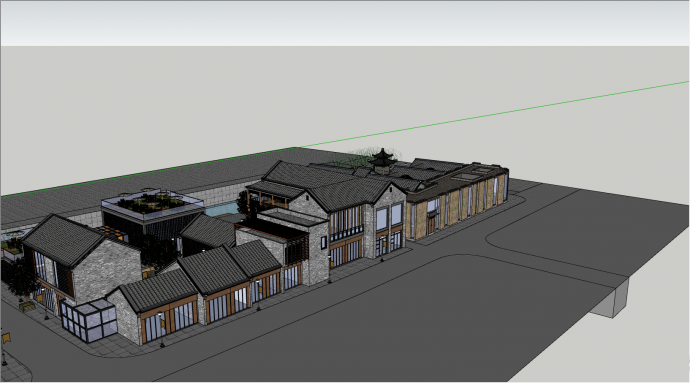 沿河的复古建筑的商业街su模型_图1