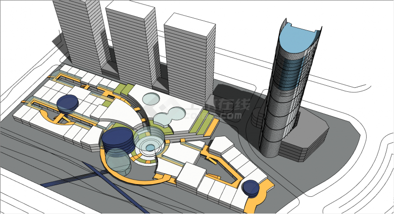 商业综合一体化建筑su模型-图一