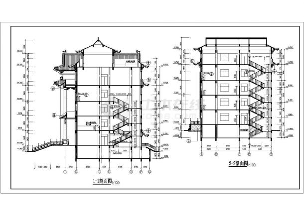 5层仿古办公楼建筑施工平立剖面CAD参考图-图二