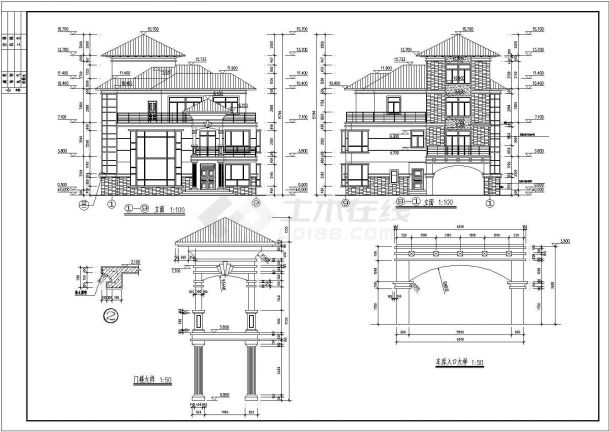 两套高级别墅建筑施工CAD图纸(包括立面、平面 内外构件做法 门窗表等)-图一