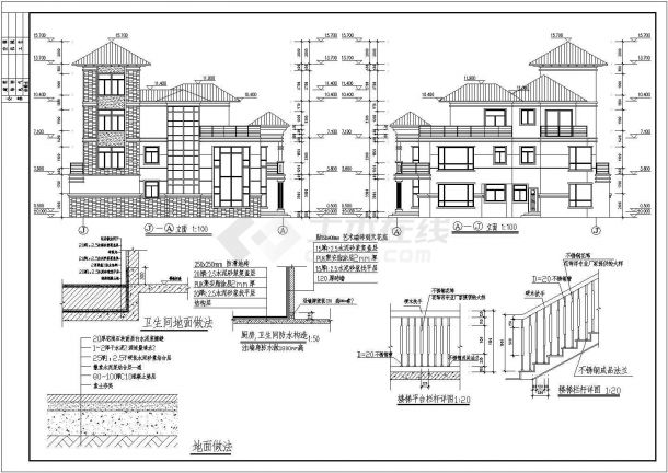 两套高级别墅建筑施工CAD图纸(包括立面、平面 内外构件做法 门窗表等)-图二
