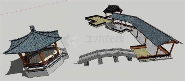 中式连廊、凉亭、园桥组合su模型（不含施工图）-图二