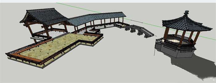 中式连廊、凉亭、园桥组合su模型（不含施工图）