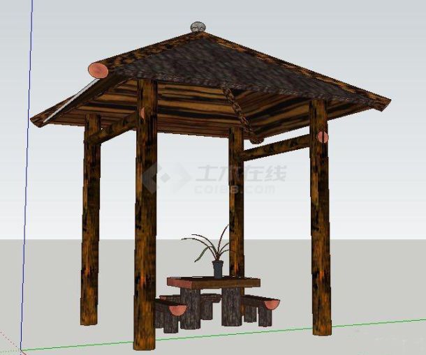 中式四角方亭、桌凳组合su模型（不含施工图）-图二