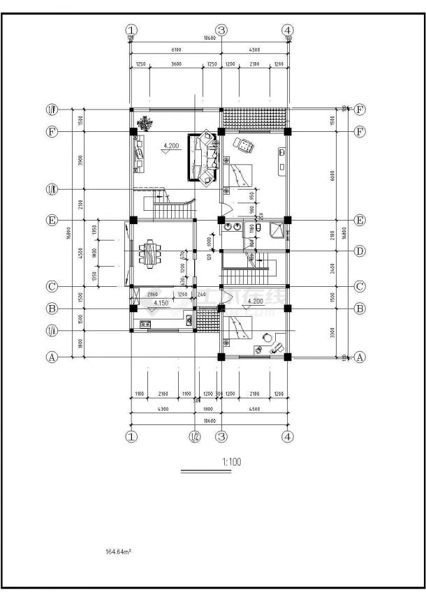 某地联排住宅三层平面建筑施工设计CAD图-图二