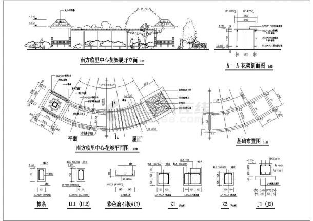 大型亭廊建筑施工图CAD参考图-图二