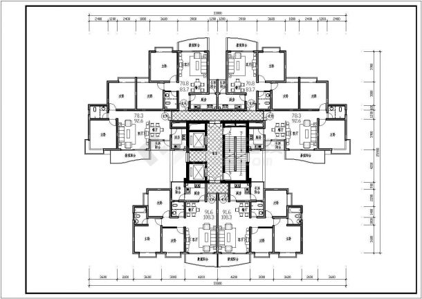 图一本图纸为二十七层高层住宅楼建筑户型平面图设计,图纸内容袄è