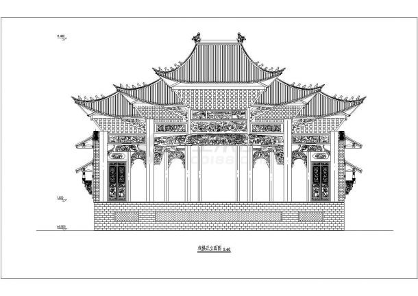 该戏楼为二层,刻有复杂雕花,图纸包括建筑立面图,剖面图,一层平面图