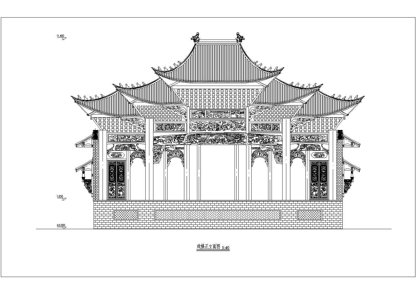 仿古大型木结构戏楼结构施工图（复杂梁雕花）