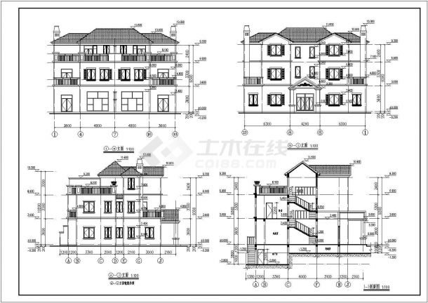 湖南私人三层别墅建筑施工设计CAD图-图一