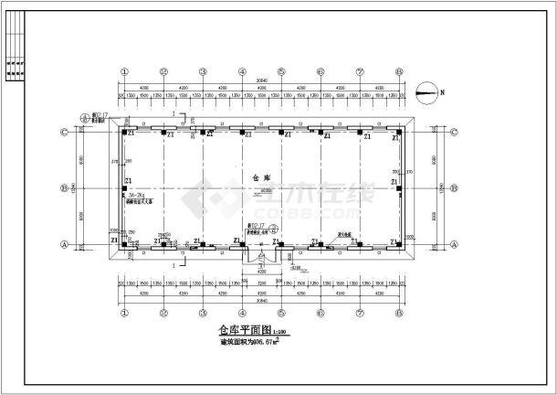 某一层木结构屋面仓库设计cad建施图-图二