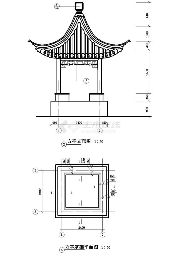 中式传统风格仿古亭子建筑施工图纸-图二