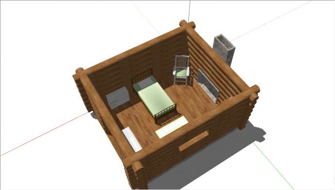 棕色的带有床 桌子凳子的木屋su模型_图1