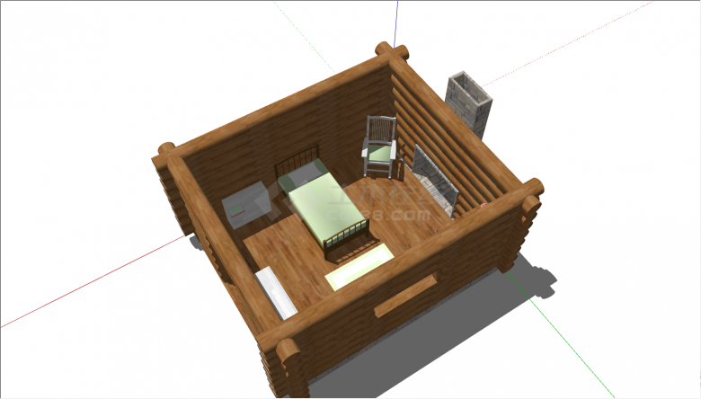 棕色的带有床 桌子凳子的木屋su模型-图一