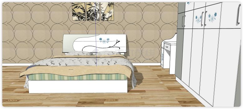 白色绿色花纹床头板双人床su模型-图二