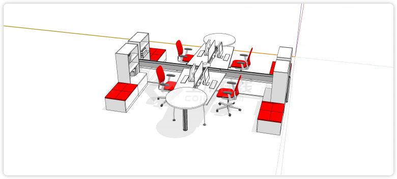四人位长形圆形组合办公桌su模型-图二