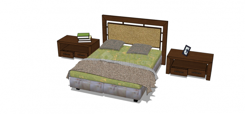 带有两个棕色床头柜的木质的床具su模型-图二