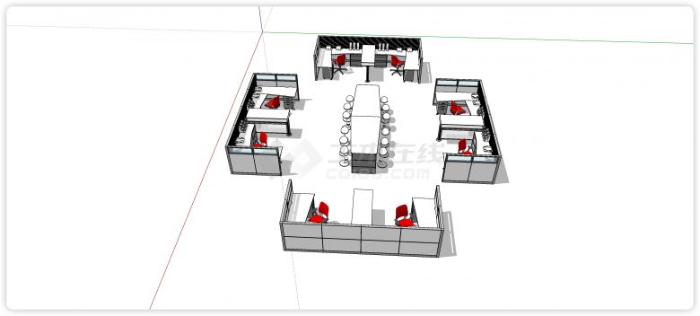 四边双人隔间中间公共空间办公桌su模型-图二