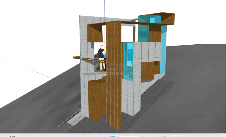 还有蓝色透明大落地玻璃和下行台阶的木屋 su模型-图一
