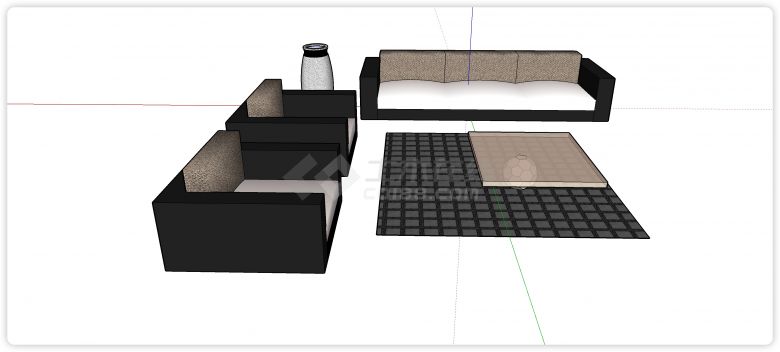 黑色框架豆腐块造型织物靠背沙发su模型-图二